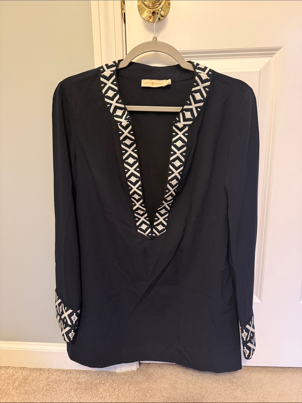 Tory Burch Navy Top with White Geometric Trim